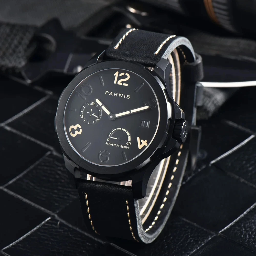 Parnis 44 mm zilveren kast bruine cijfers zwarte wijzerplaat automatisch mechanisch herenhorloge gangreserve-indicator saffierkristal horloge