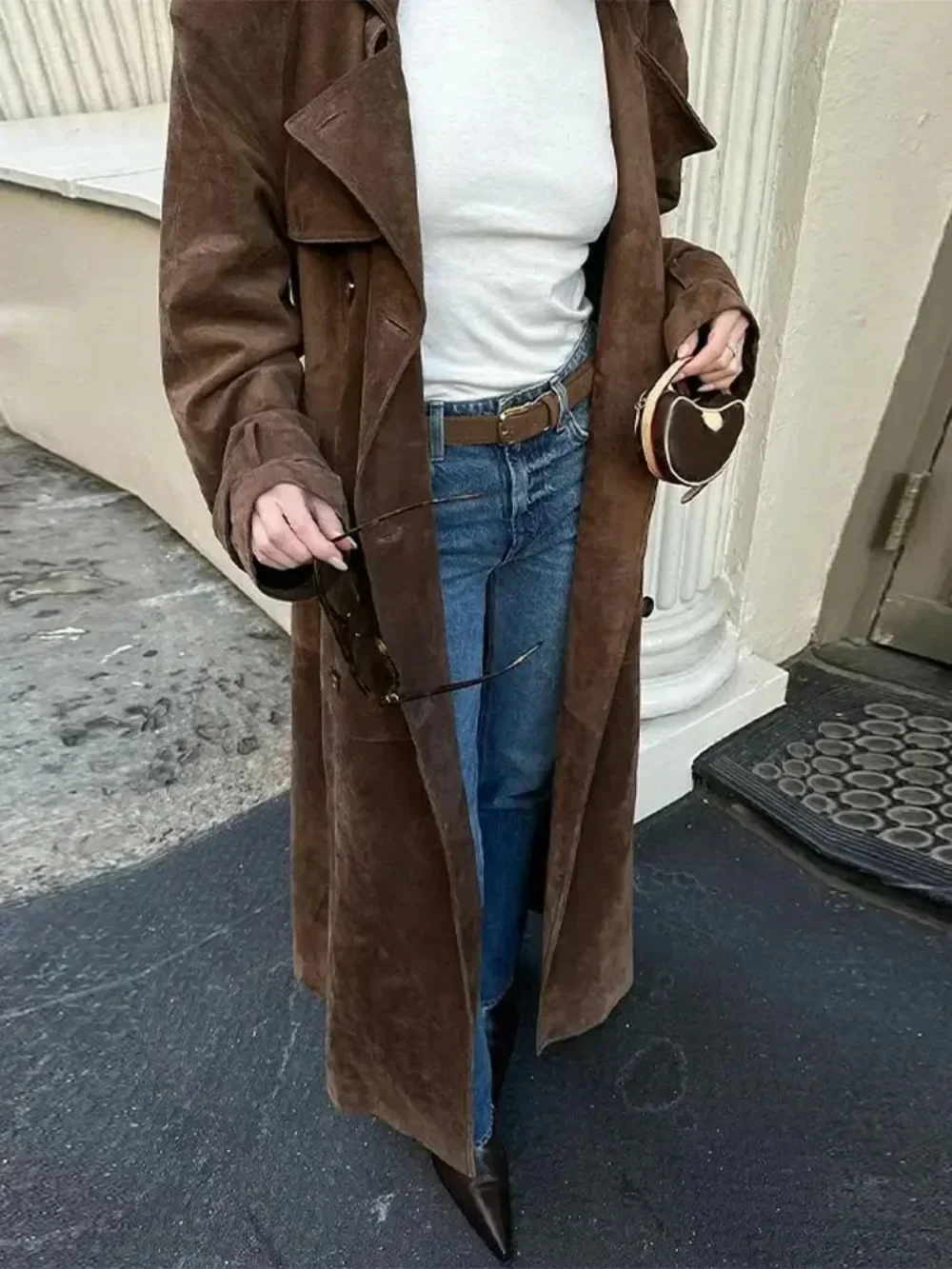 Chic Lapel Long Sleeve Fashion Brown Women Imitation Deer Fur Coat High Street Outwear Double-breasted Windbreaker Autumn Lady