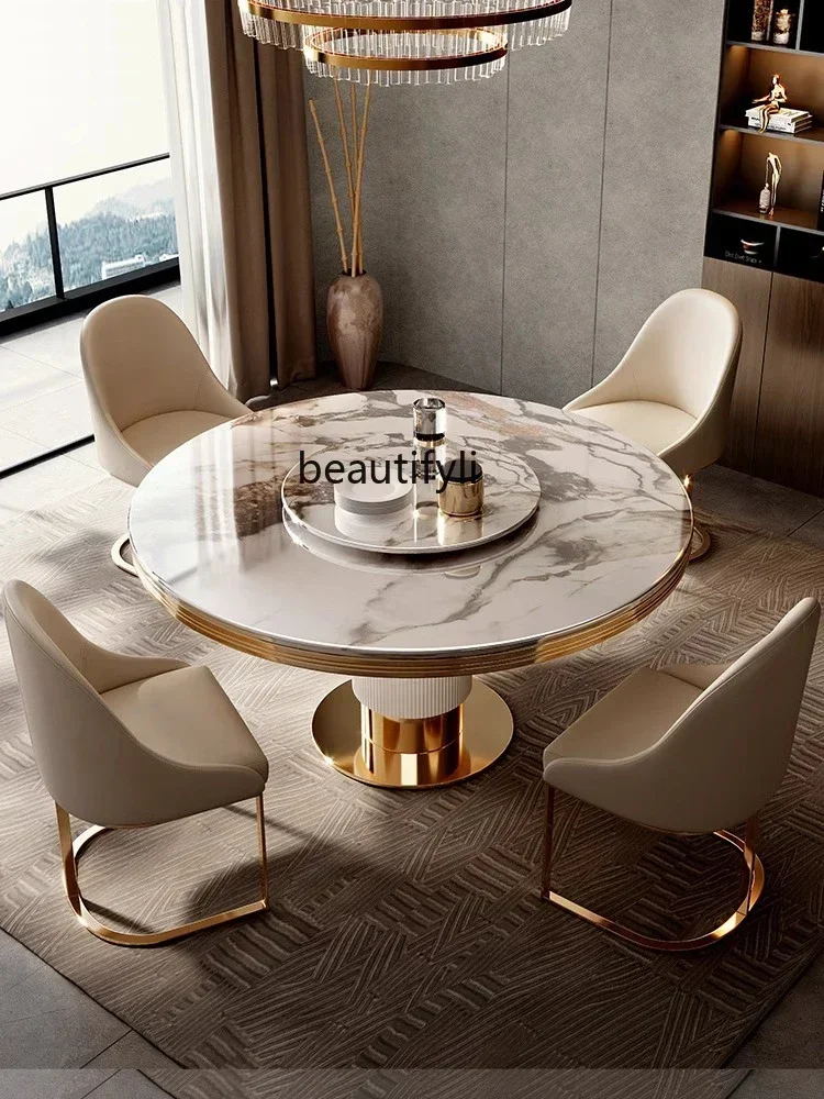 

Y Marble round dining table and chairs combination 6 people 8 people round table turntable modern simple Italian home