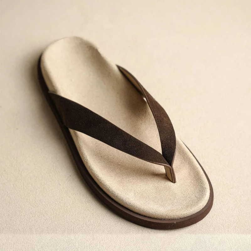 Summer Men's Soft Leather Reverse Suede Slip-On Beach Sandals Casual Breathable Flat Heel Comfortable Fashionable Slipper