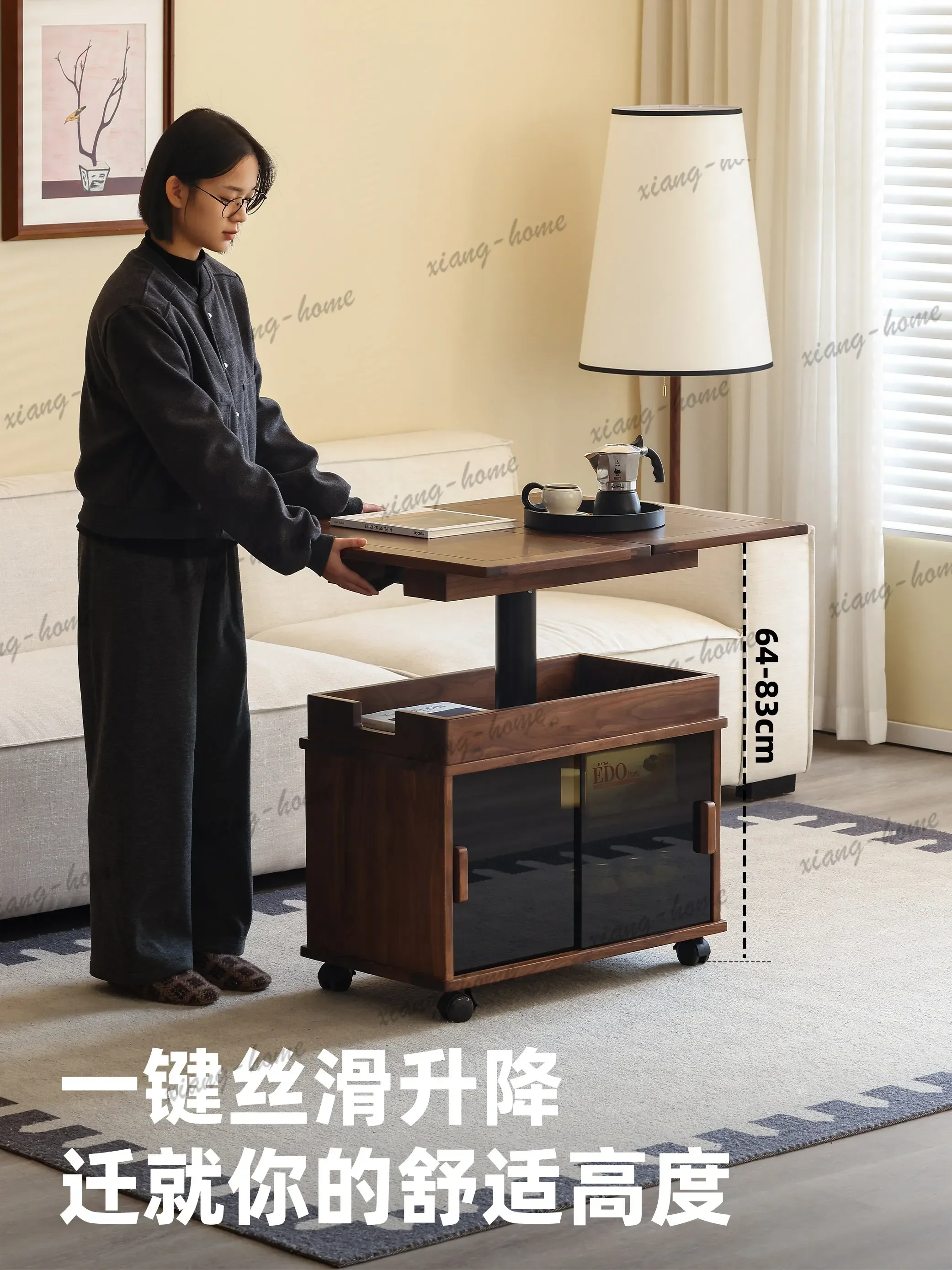 Lifting coffee table Solid wood folding movable trolley Small apartment sofa side table