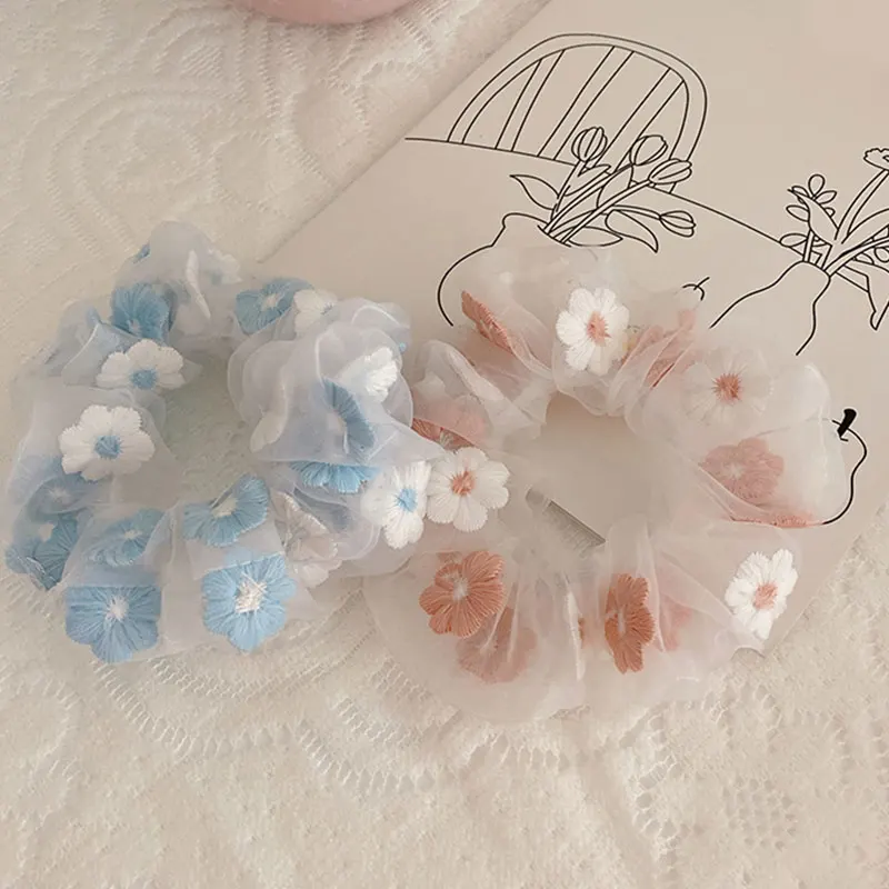 Sweet Embroidery Flowers Hair Tie Scrunchies Organza Pink Blue Mesh Hair Rope Women Transparent Tulle Organza Hair Accessories