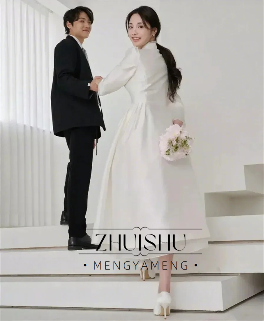 ZHUISHU 2025 elegante zijde satijn avondjurk v-hals lange mouwen prom toga korea trouwjurk fotoshoot aangepaste partij