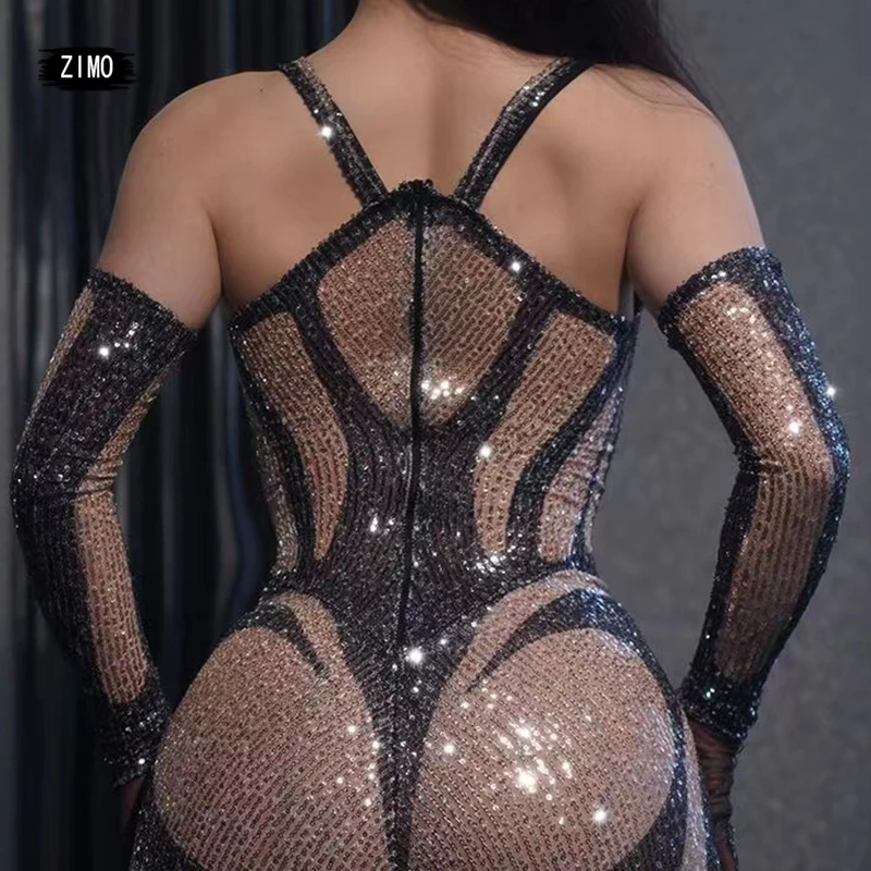 Fashion Black Sequins Sexy Women Bodysuit Nightclub Stage Show Dance Dress Strap Jumpsuit Prom Performance Designer