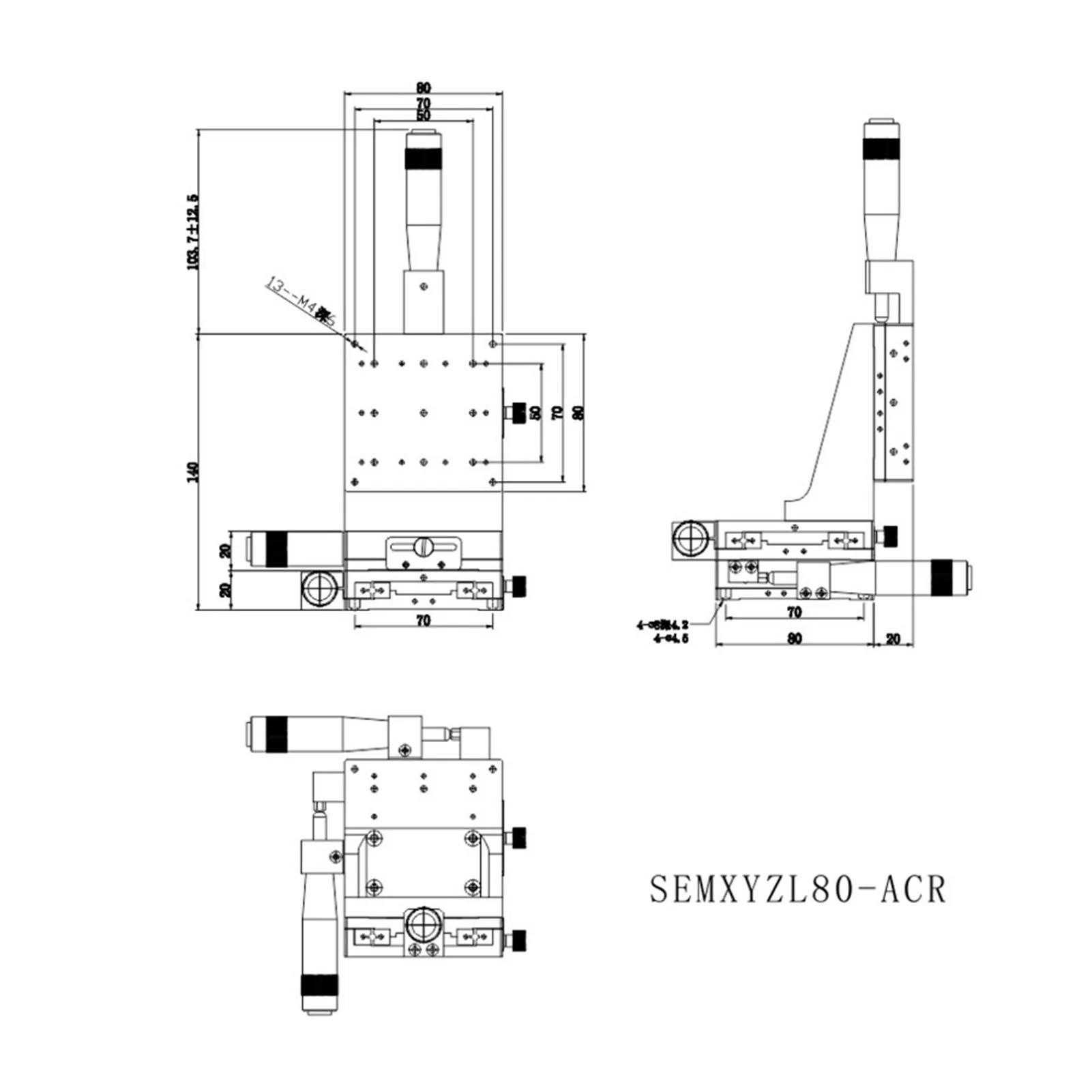 Tavolo scorrevole a movimento lineare SEMXYZL80-ACR XYZ Tavolo scorrevole con regolazione fine a movimento lineare ad alta precisione 80 * 80mm