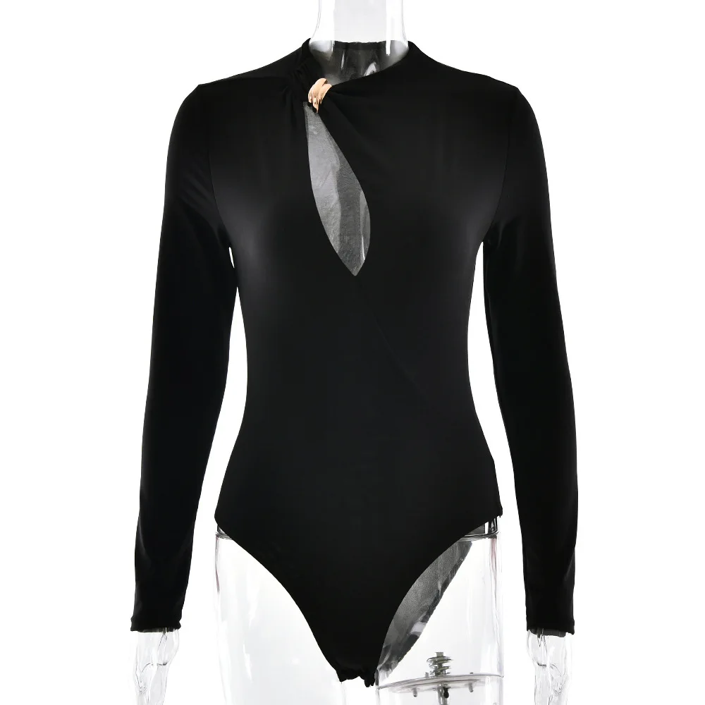2025년 신상 여성용 섹시 슬림핏 긴팔 라운드넥 컷아웃 솔리드 컬러 바디콘 점프수트