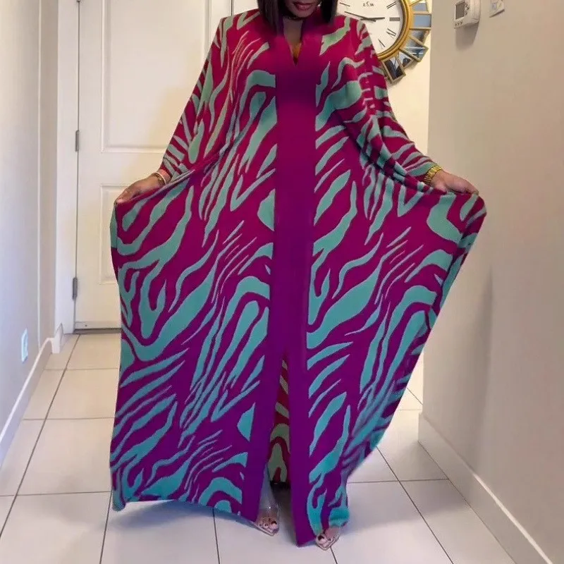 

Loose Print Evening Dress 2026 Autumn Chic Bat Sleeve Party Elegant V-neck Color Blocked Robe Muslim Plus Size Maxi Dresses