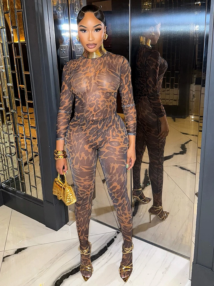 Strano gatto stampa leopardata maglia sexy set da 2 pezzi dolcevita da donna tuta a maniche lunghe + pantaloni lunghi skinny color pesca abito stile selvaggio