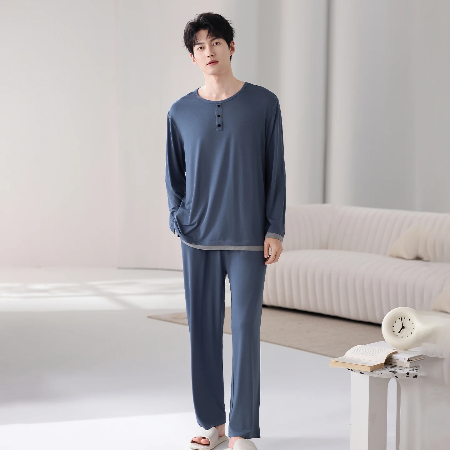 Men Pyjamas Set Soft Modal Spring Long Sleeve Solid Men Pajama Suit Autumn Nightwear O-Neck Pijamas Male Sleepwear Two Piece 4XL