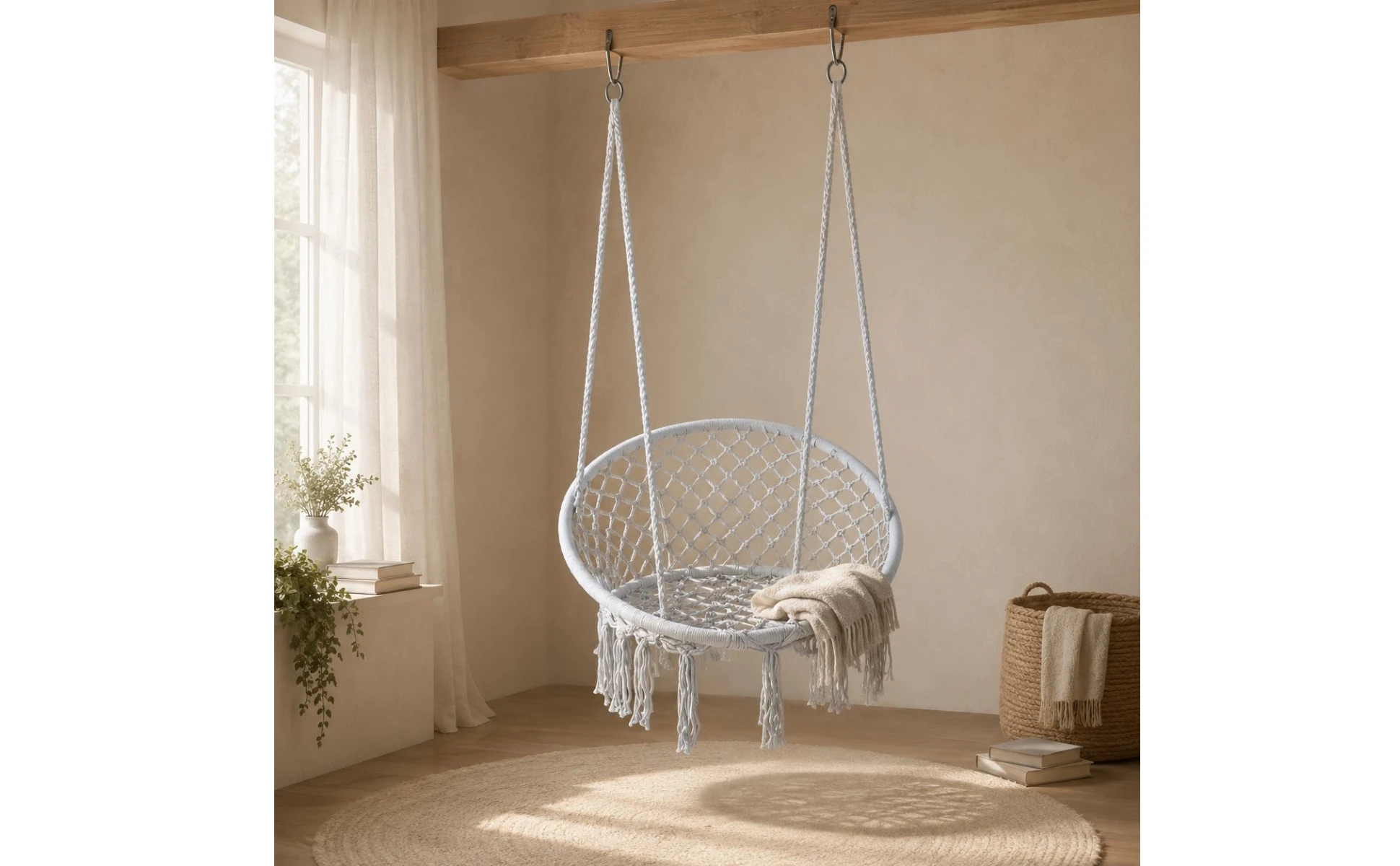 Macrame Chair Airy Lattice Cotton Rope Hanging Chair Home Furniture Oval Frame Single-Color