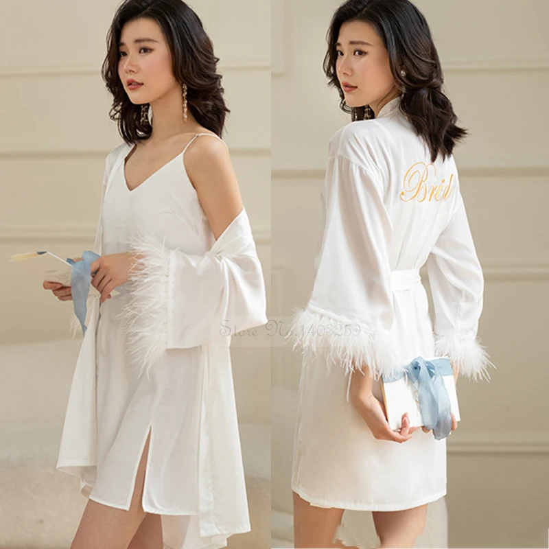 Feather Embroidery Robe&Nightgown Set Bride Bridesmaid Wedding Nightdress French Style Kimono Bathrobe Casual Rayon Sleepwear