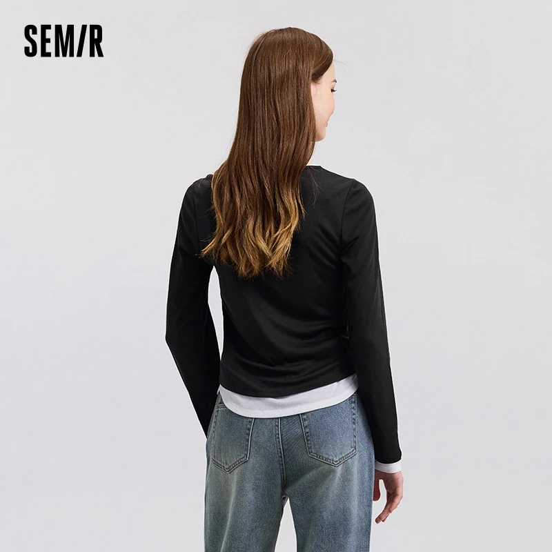 Semir Long Sleeve T-Shirt Women Short Skinny Slimming Simple 2025 Spring New Faux Two-piece Contrast Color Bottoming Shirt image 3
