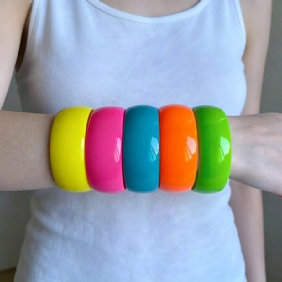 5Pcs/Set Neon Fluorescent Acrylic Resin Bracelets, Vibrant Candy Color Wristbands, Y2K Trendy Western Fashion Jewelry for Party