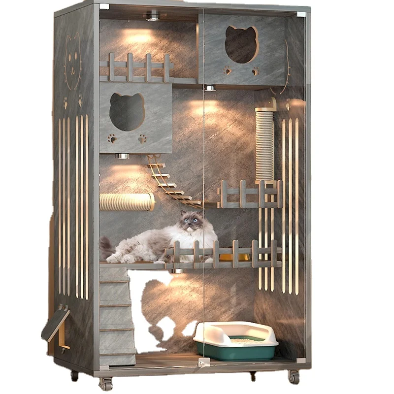 Indoor Panoramic Cat Cage Solid Wood Cat Nest Waterproof Cat Villa Pet House Floral Wooden Dog Beds Wooden Animals Furniture 1PC