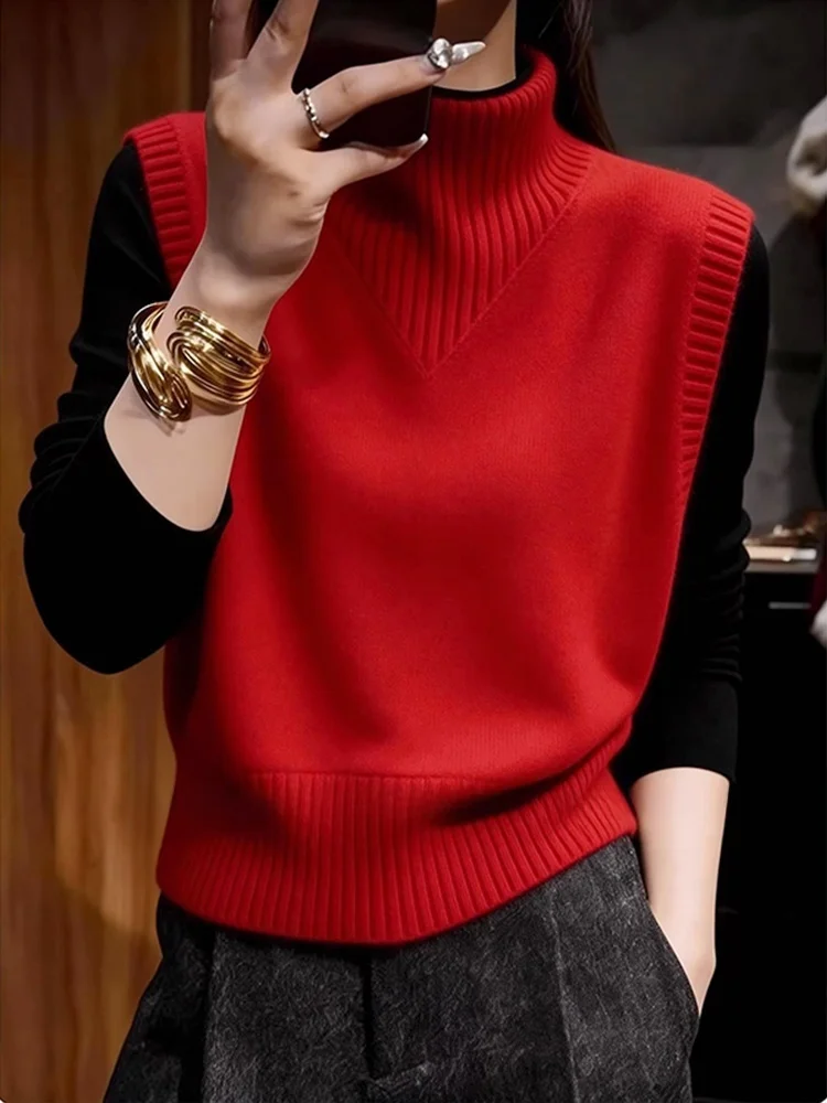 

Красный вязаный жилет с высоким воротником, женская верхняя одежда, модный утягивающий топ без рукавов для осенне-зимних поездок на работу