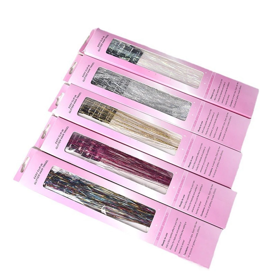 Paquete de 12 tinsel para cabello, accesorios brillantes de colores con clip, extensiones sintéticas 5