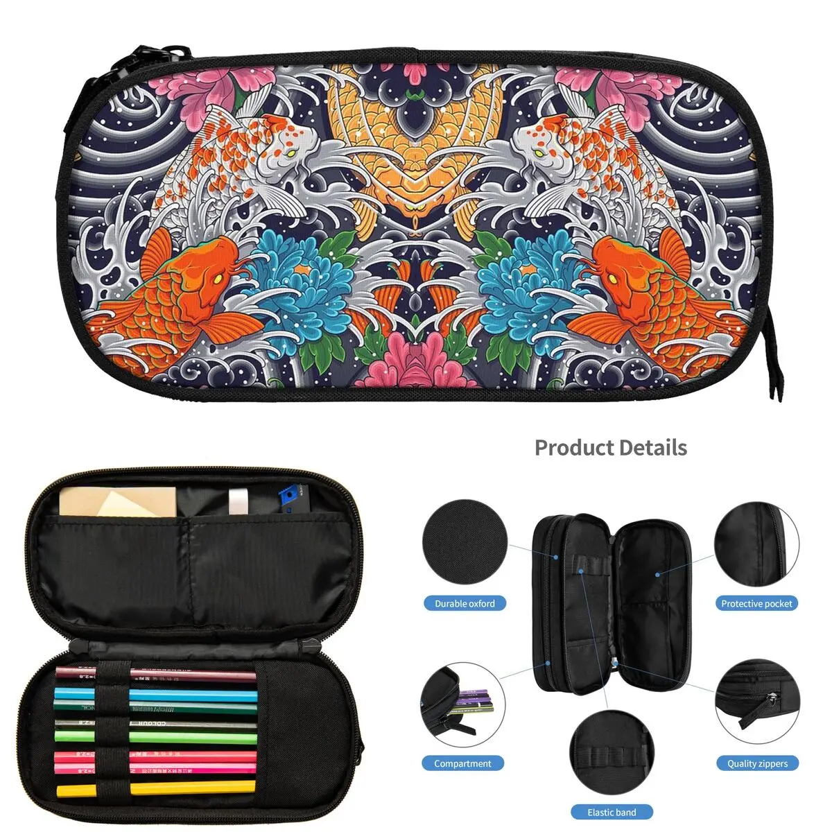 Пеналы с рыбой кои и цветочным узором для студентов, подарки, коробка для ручек, сумка для карандашей, большая сумка для хранения карандашей, держатель для ручек