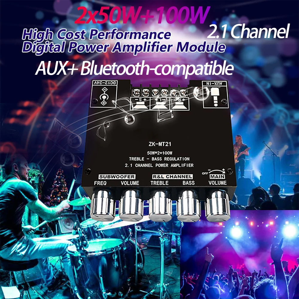 

Цифровая плата усилителя мощности ZK-MT21 2x50Вт+100Вт, 2.1-канальный усилитель с Bluetooth 5.0 и AUX для сабвуфера