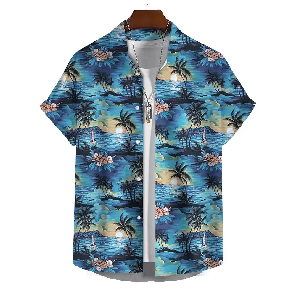 Hawaii Coconut Tree Graphic Short Sleeve Shirt Men 3D Print Stylish Mew Dream Color Oversize Men Shirts Ourdoor Comfortable Tops