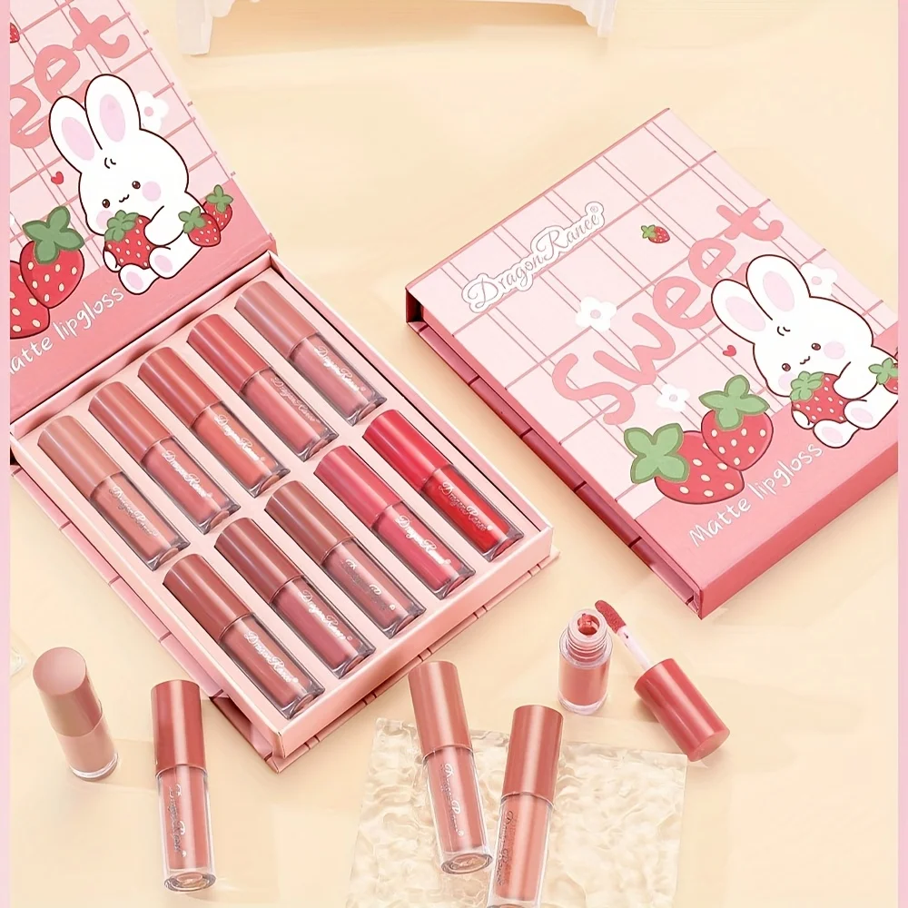 Juego de 10 brillos de labios no es fácil de teñir, caja de regalo mate, lápiz labial líquido, dibujos animados bonitos