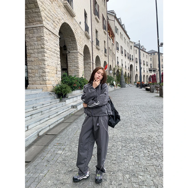 Spring Sports Two-piece Set Women High Street Grey Sport Track Jacket +Loose Sweatpants Ladies Outdoor Joggers Tracksuit Female