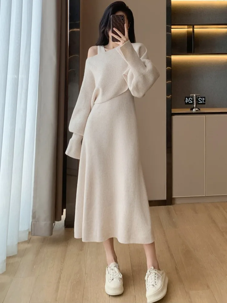 2024 new autumn winter Knit Dress 2 piece sets women outfit Short Sweater pullover Slim Tank Maxi Vestidos conjuntos femininos