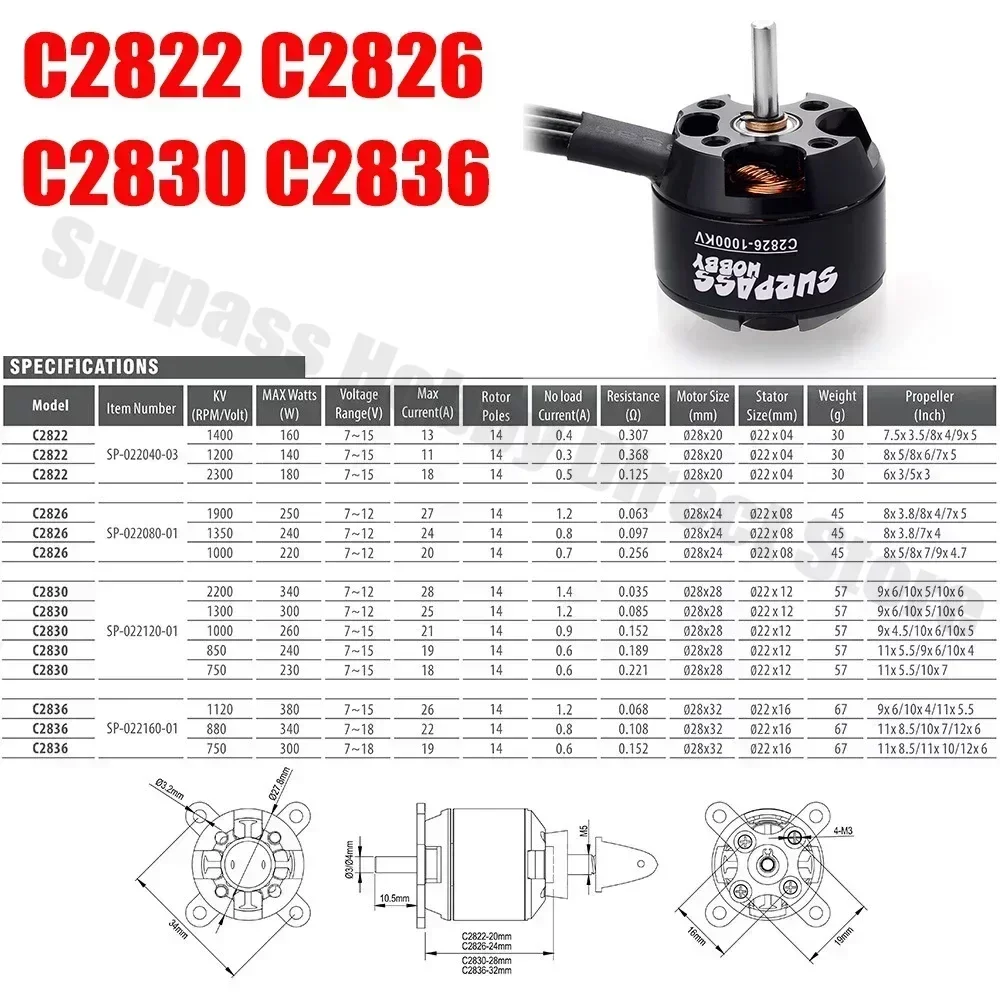 Surpass Hobby 2822 2830 3530 3542 3548 4250 4260 5055 5065 6345 Bürstenloser Motor für RC Starrflügel-FPV-Drohnen-Quadcopter-Flugzeug