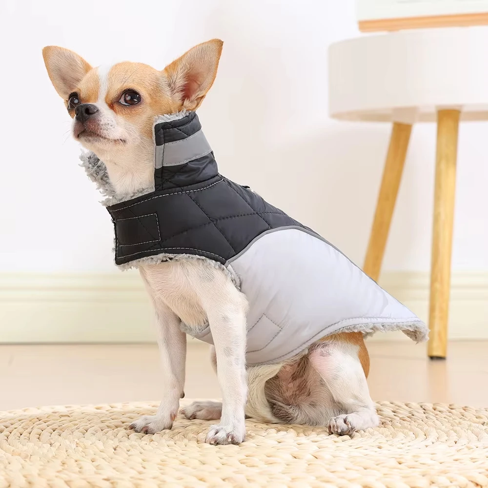 Reflective Dog Jacket Fleece Lined Warm Winter Pet Clothes Adjustable Hook Loop Coat for Small Medium Dogs French Bulldog Pug