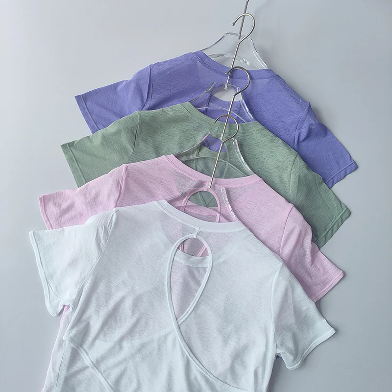 Yoga-Kleidung Damen-Bluse Kurzärmeliges Hohlkreuz Dünnes Netz Schöner Rücken Oberteil Schlankes Fitness-Sport-Top – Detail 13