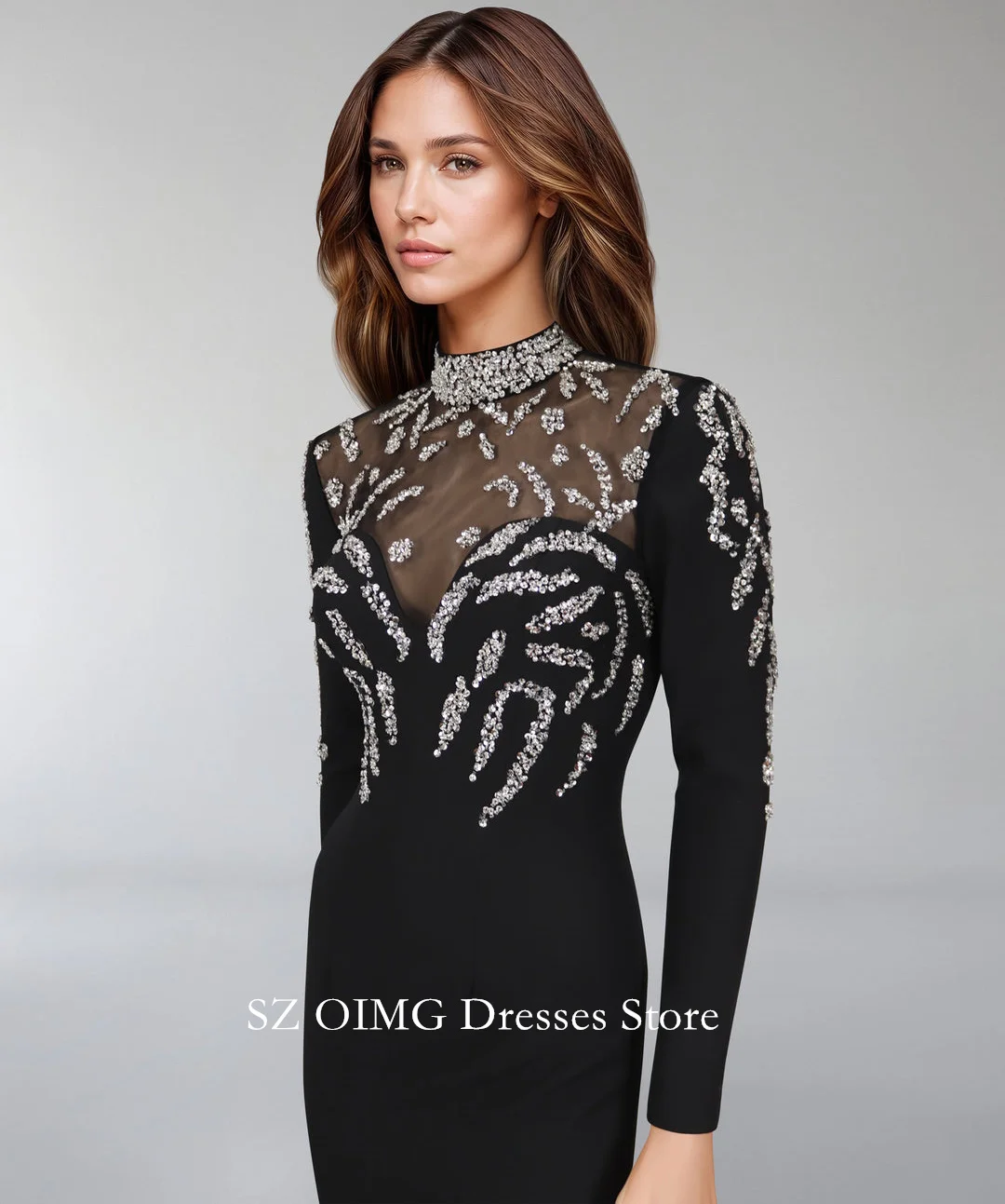 OIMG Dubai Crepe Satin Classic Black Prom Dresses Sequined High Beaded Neck Sweep Train Women Evening Gowns Formal Party Dress