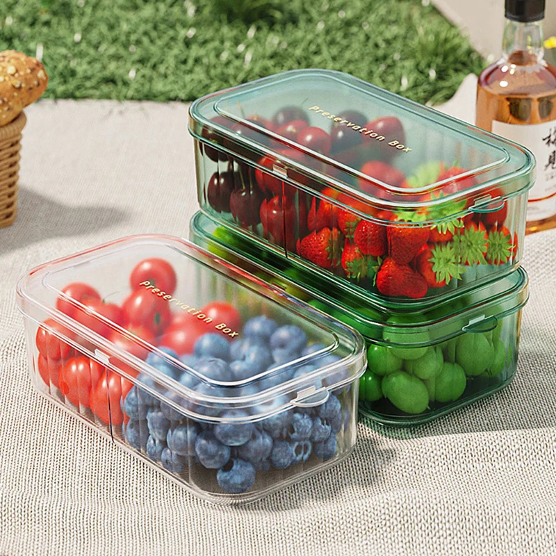 Refrigerator Fresh Keeping Box 2 Grids Kitchen Fruit Vegetable Storage Box Plastic Transparent Sealing Food Storage Container