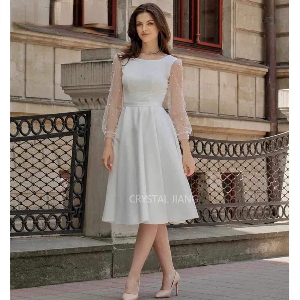 

Simple Short White Jewel Neck Satin Wedding Dresses Full Sleeves A Line Tea Length Vestidos De Novia Bridal Gowns