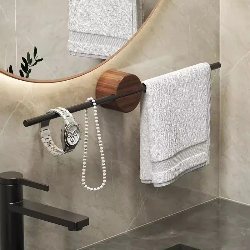 Minimalist Walnut Towel Rack, Bathroom Towel Rack, Sliding Single Rod, No-Punch, Solid Wood Racks,40cm, 50cm