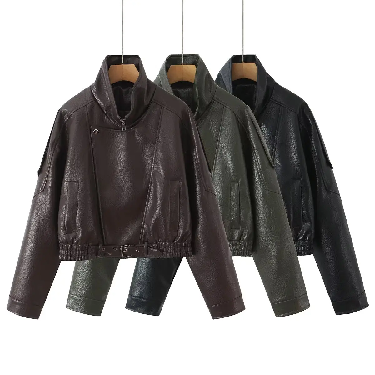 2026 Autumn Women's Vintage Street Loose Black Short Faux Leather Jackets Female Motor Biker Zip PU Belt Oversized Coat Outwear