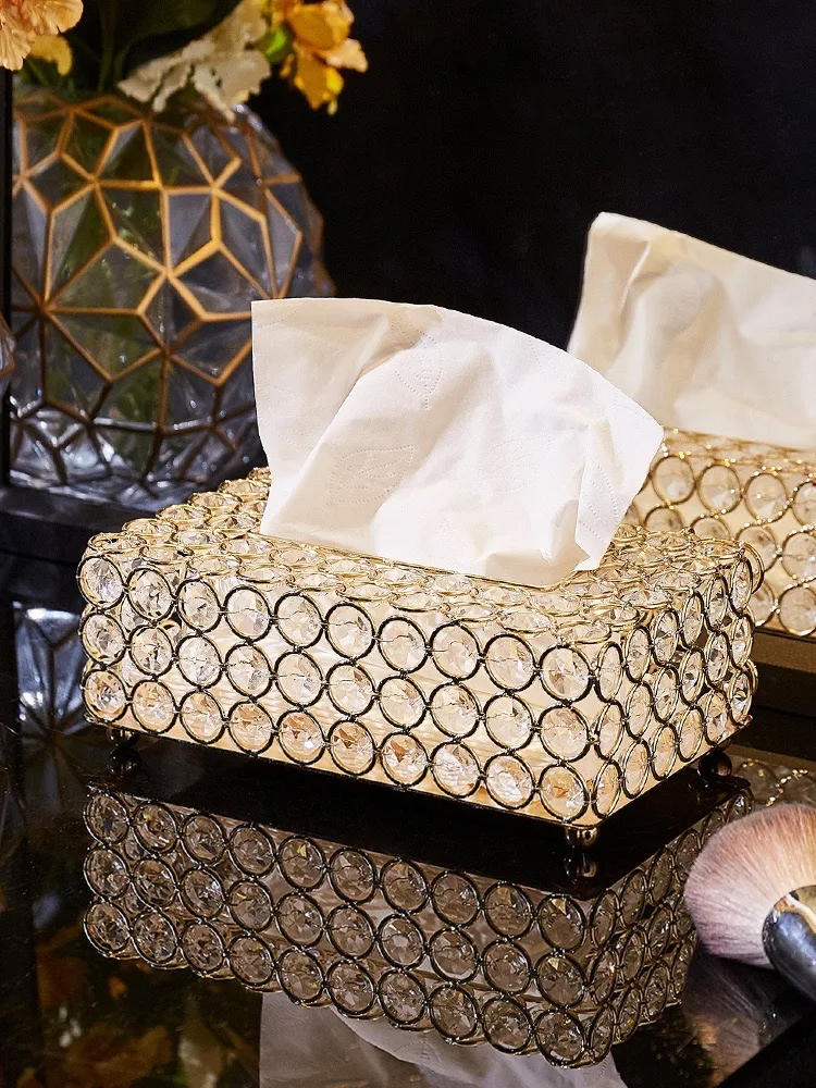 Gold Crystal Tissue Box Paper Towel Storage Box Creative Storage Box Gold Diamond Holder Rectangle Crystal Paper Container