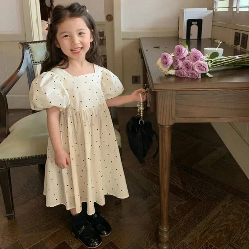 

Kids Princess Fashion Back Bow Square Neck Children's Dress 2025 Summer New Baby Girls' Dress Dotted Bubble Sleeves Dress