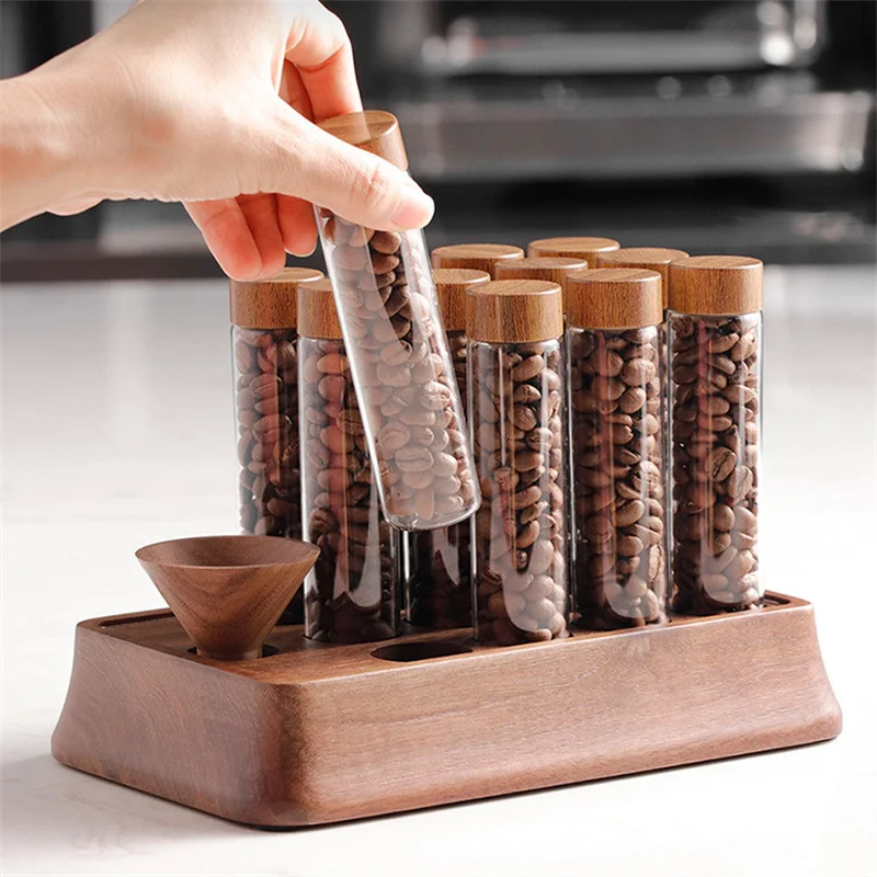 4/6/12 Coffee Beans Storage Container Tube with Wood Funnel Display Rack Glass Bottle Single Dose Coffee Accessories Coffeware