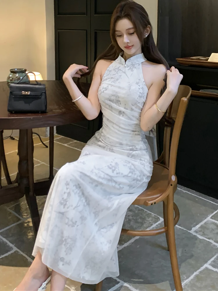 Summer White Print Mesh Neck-mounted Long Dress Women Elegant Luxury Cheongsam Dress 2025 Korean Fashion Bodycon Evening Dresses