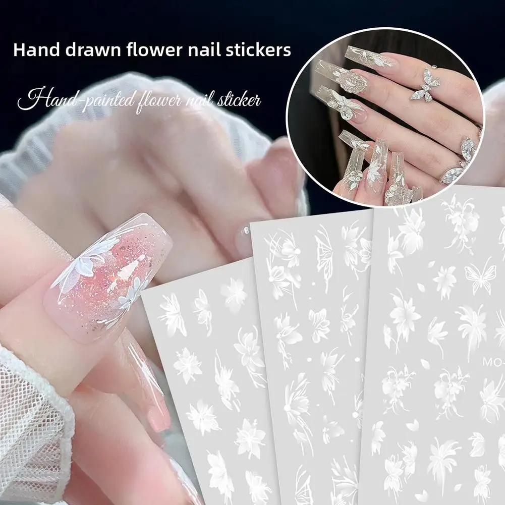 White Lace Flower Nail Art Sticker Acrylic Floral Charm Elegant Design Adhesive Bride Sliders Simple Decal Wedding Manicure R7Z1