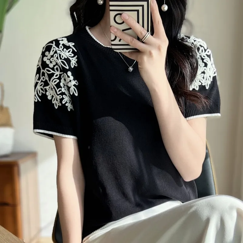 2023 Summer New Ice Silk Knitwear Round Neck Double Shoulder Embroidered T-shirt Unique Design Short Sleeve Women\'s Thin Top