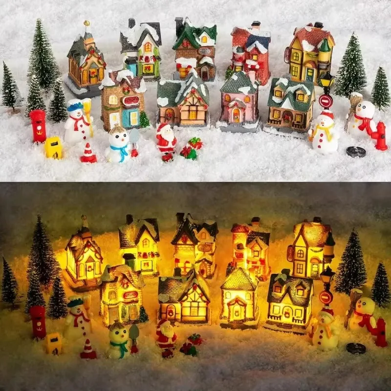 Muñeco de nieve, Papá Noel, adorno de luz LED, decoración de Año Nuevo para el hogar y el dormitorio, casa de resina con micropaisaje, casa de nieve brillante de Navidad