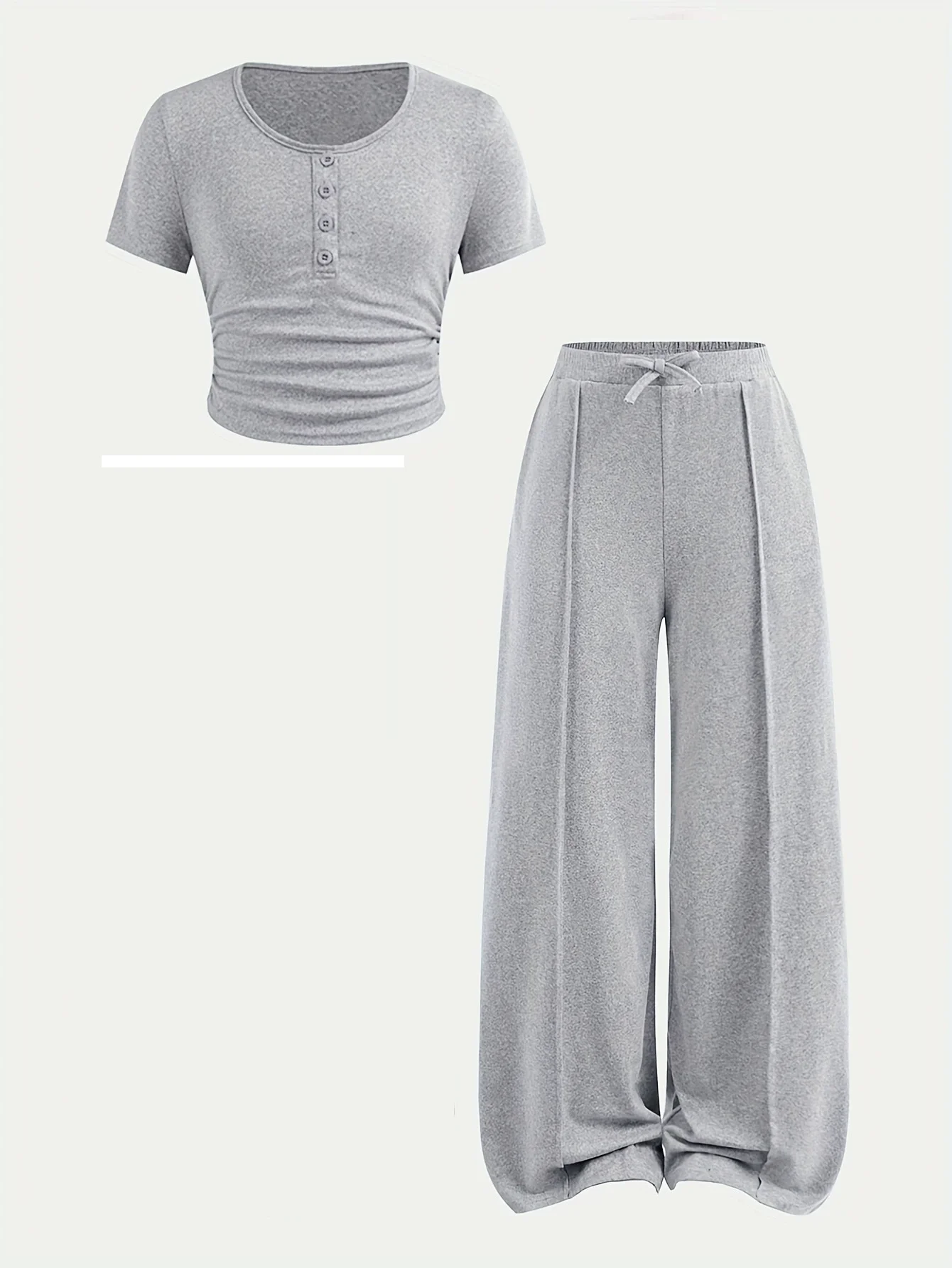 Summer Girls Children Set Short Sleeve Teenager Grey Crop Top T Shirt  + Thin Short Wide Leg Long Pants 4 5 8 10 12 14 Years