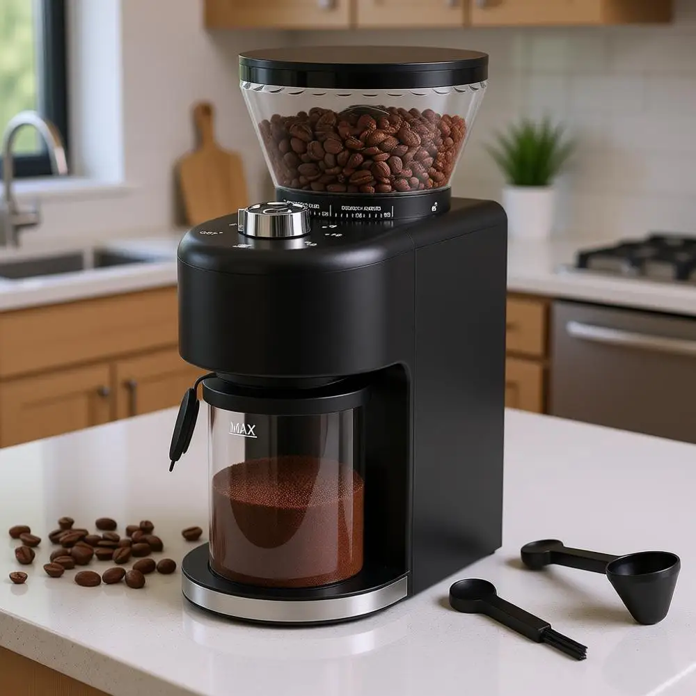 

Кофемолка Burr – 35 уровней помола, емкость на 2-12 чашек, отсек для хранения зерен на 8,8 унций, управление одним нажатием