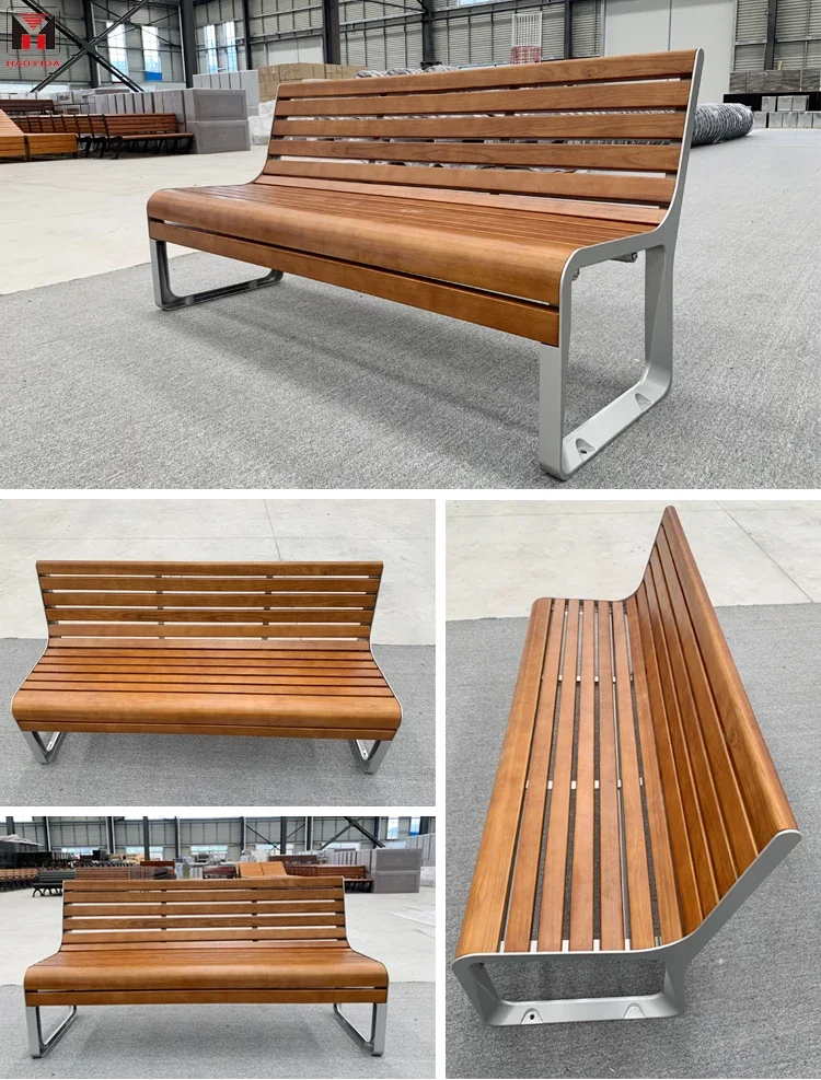 Asiento de banco wpc para exteriores, asiento de listones compuesto de plástico y madera para parque público exterior, muebles de jardín, banco moderno para patio