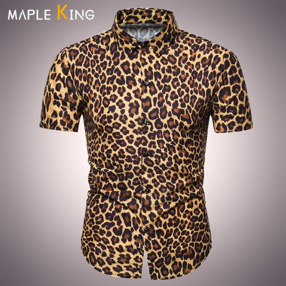 

Vintage Shirt Men Short Sleeve Summer Brand Nightclub Leopard Print Social Camisas Mens Casual Party Streetwear Blusa Masculina