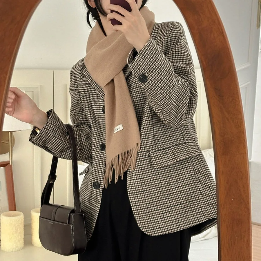 Chic Korean Plaid Suit Jacket Women's Single Button Retro Checkered Small Western Style Commute Versatile Top Polyester Fiber