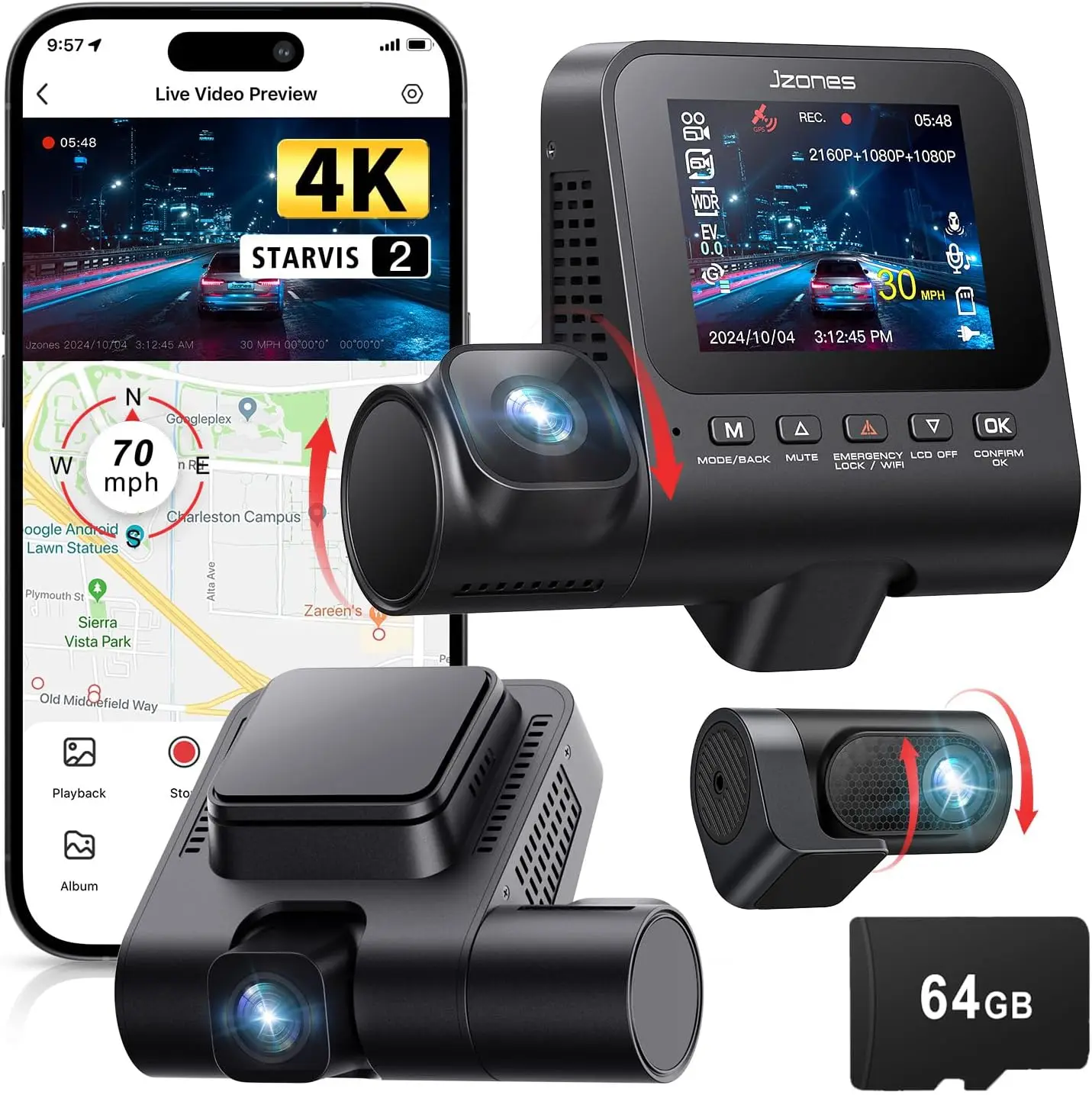3 Channel Dash Cam Front Rear Cabin 4K STARVIS 2 Sensor Car Camera WiFi 6 G Sensor Loop Recording Night Vision 24H Parking Mode