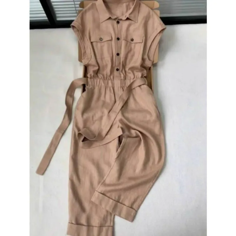 

2025 New Summer Loose Cotton Linen Jumpsuit Women Chinese Style Pockets Buttons Sleeveless Cargo Playsuit Breathable Clothes