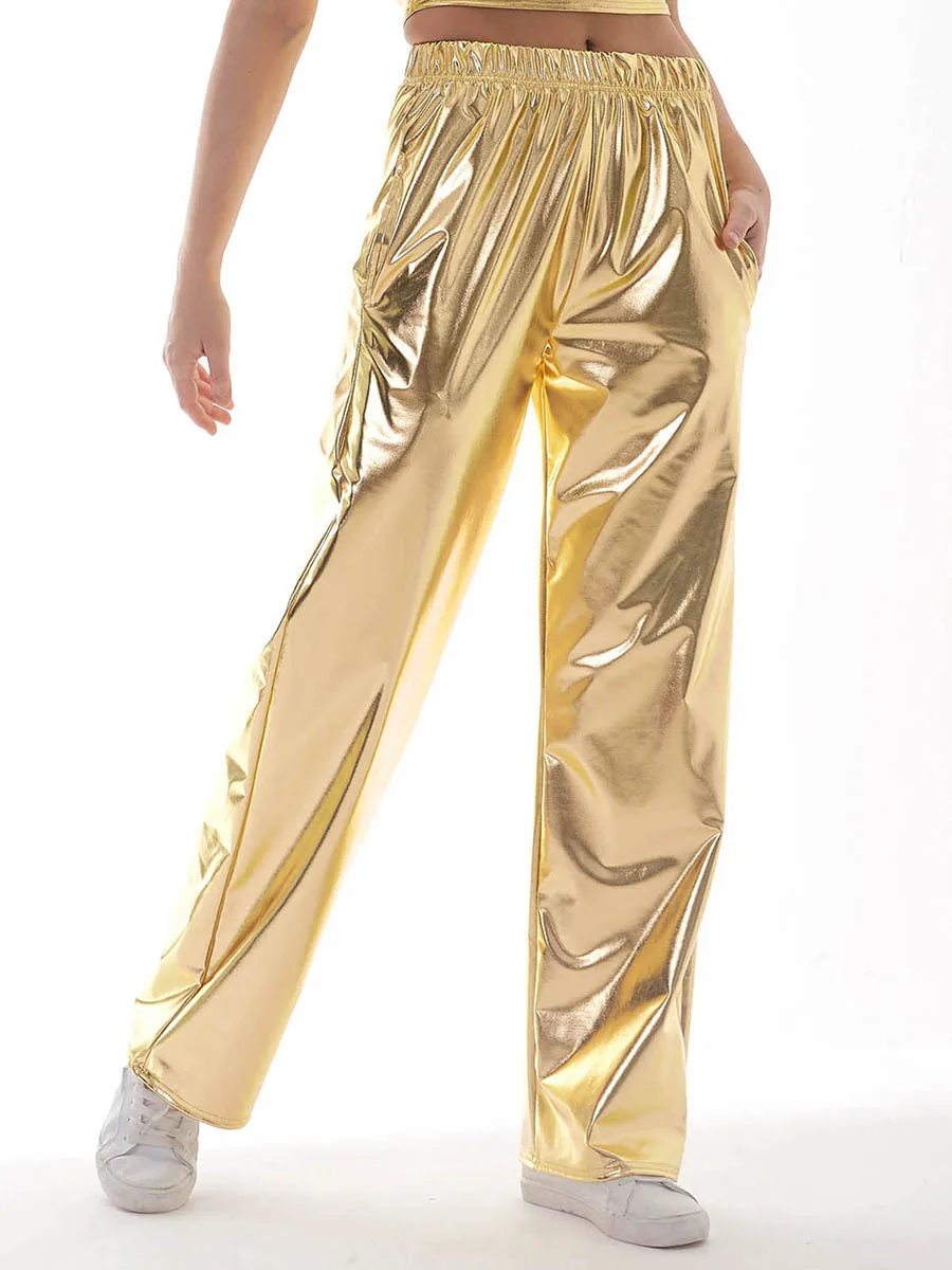 Women's Metallic Pants with Elastic Waist Solid Color Loose Pants Casual Trendy Grunge Streetwear with Pockets