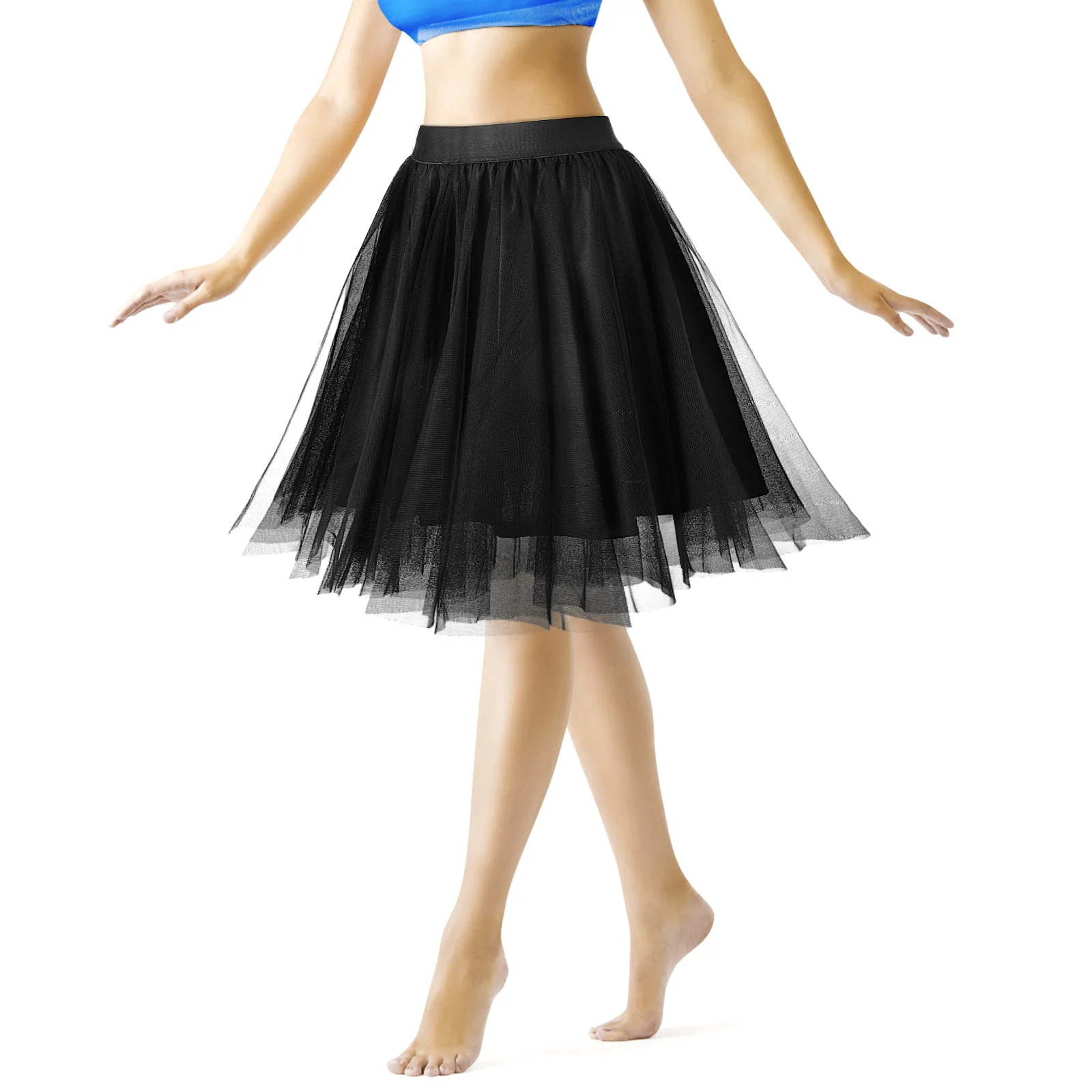 

High Waisted Tutu Skirt Women Adult Black Dance Knee Tulle Mesh Ballet Party Lightweight Elastic Waist Lining Washable